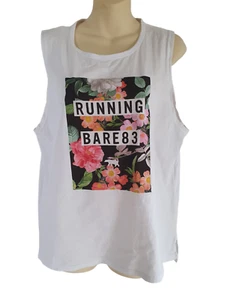running bare white printed muscle tank top sleeveless 100% cotton Size 14 - Picture 1 of 8