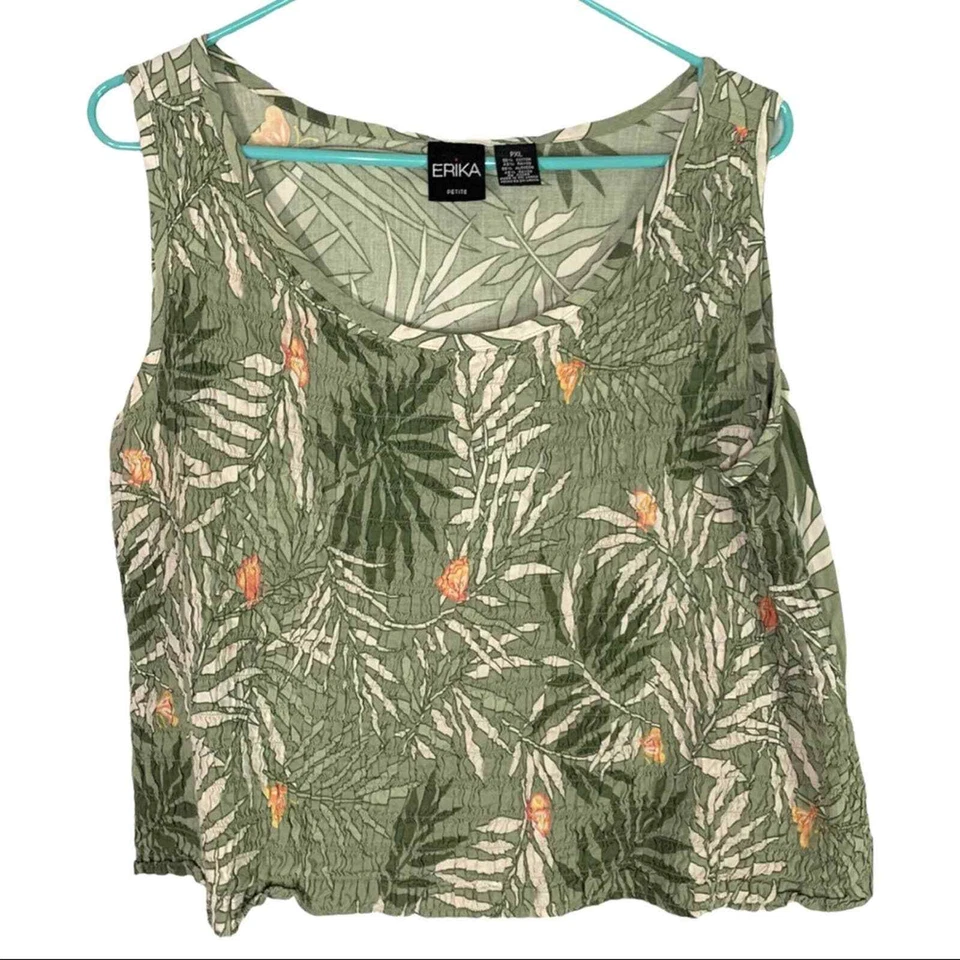Erika Women's Petite XL Green Palm Leaf Butterfly Print Tank Top Smocked Detail - Image 1 of 4