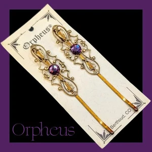 Vintage ORPHEUS Hair Pins AMETHYST CRYSTAL Antique Goldtone ART NOUVEAU-INSPIRED - Picture 1 of 13