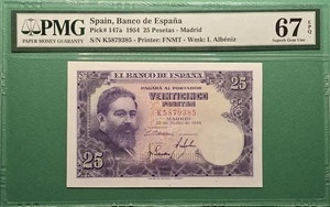 1954 SPAIN 25 PESETAS P# 147a PMG 67 EPQ SUPERB GEM UNC - Picture 1 of 2