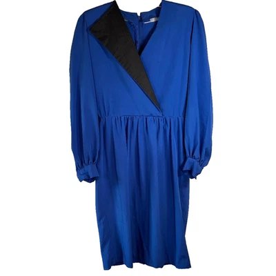 Vintage Handcrafted Dress Blue with Black Shoulder Pads Midi 1980's - Image 1 of 4