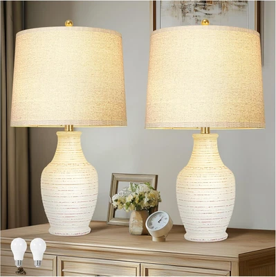 Juego de 2 lámparas de mesa de cerámica lavada blanca de 23" con bombilla regulable de 3 vías, sw giratorio Foto 1 de 4