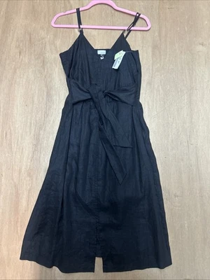 Vestido midi de lino negro con detalle de corbata crudo para mujer nuevo con etiquetas, talla mediana Foto 1 de 4