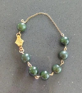VINTAGE SIGNED 10K YELLOW GOLD GREEN JADE BRACELET 7" LONG MCM- F238 - Picture 1 of 9