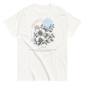 Aquarius Zodiac Birth Flowers Cotton T-shirt Horoscope Birthday Lucky Flower - Picture 1 of 4