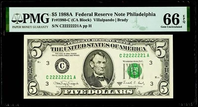 $5 1988A Federal Reserve Note Philadelphia "Near Solid # 2" PMG 66 EPQ Gem UNC. - Image 1 of 3