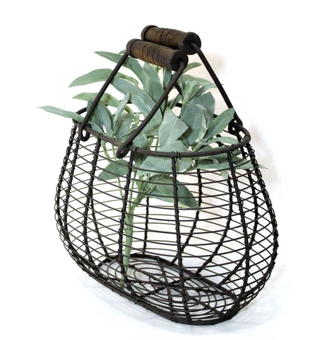 Egg Basket Oval Wire Metal Black Wood Handles Cover