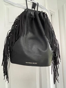 Victoria Secret Backpack Black Fringe boho style Drawstring Leather Bucket - Picture 1 of 7
