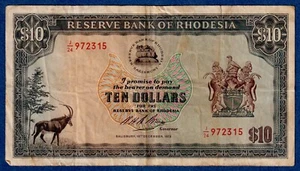 Rhodesia $10 (1973)  P-33f (15th Dec 1973) , Circulated Banknote J/24 972315 - Picture 1 of 3