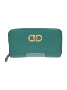 SALVATORE FERRAGAMO Cartera Larga Doble Gancini Cuero Cremallera Redonda Verde Usada - Imagen 1 de 7