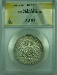 1911-J Germany-Hamburg 3M Marks ANACS AU-53 (B) - Picture 1 of 2