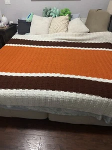 Vintage 1970’s Afgan Blanket Granny Knitted 87”x75” Orange Brown White Striped - Picture 1 of 6