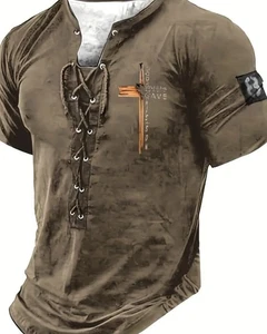 XL Mens Olive Green Henley Shirt Cross Design Short Sleeve Lace Up Front - Picture 1 of 5