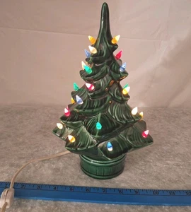 Vintage Retro Ceramic 11 1/2" Green Christmas Tree with Lights & Base Care Inc - Picture 1 of 10