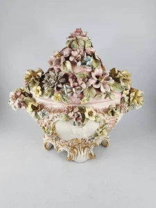 Italienisches Porzellan 13" Herzstück Deckelsockel Sockel Blumen Gold Pastelltöne Vintage - Bild 1 von 20