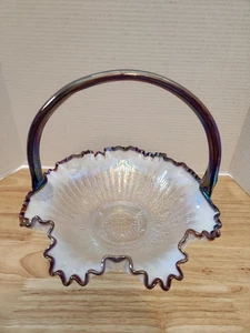 Fenton French Opalescent Cardinal Glass Plum Crest Basket 1993 Signed BillFenton - Picture 1 of 7