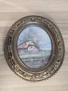 Quadro olio ovale vintage con cornice casetta sentiero alberi scena campagna 33x28 cm - Foto 1 di 15