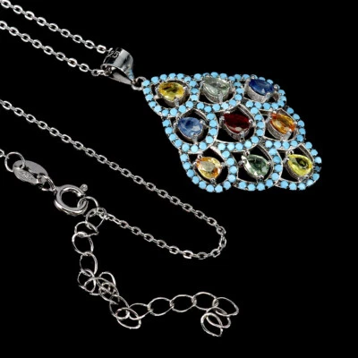 925 Sterling Silver Necklace Pear Sapphire Multi Colors Gemstone Jewelry - Image 1 of 4