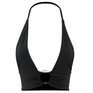 Women Sleeveless Halter Plunge V-Neck Crop Top Solid Color Metal Linked Vests - Picture 1 of 14