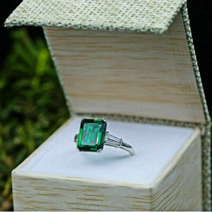 14K White Gold Finish 2.50Ct Emerald Cut Diamond Three Stone Womens Wedding Ring - Picture 1 of 9