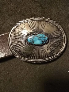 Fibbia per cintura turchese grande in argento sterling fatta a mano vintage - Foto 1 di 3