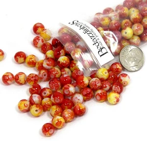 100 cuentas redondas de vidrio sueltas de 8 mm tie dye naranja, amarillo, rojo de mármol otoño joyería - Imagen 1 de 3