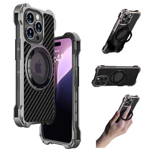 360° Rotation Carbon Fiber+Aluminium Stand Case Cover for iPhone 16 Pro Plus Max - Picture 1 of 16