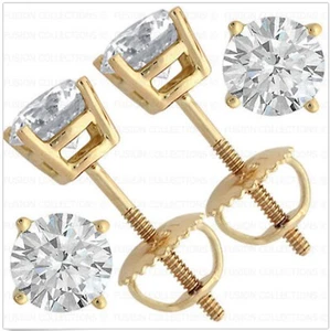 2Ct Real 14K Yellow Gold ScrewBack Round Brilliant Cut Solitaire Earrings Studs - Picture 1 of 1