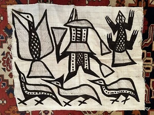 Vintage People Birds African Korhogo Hand Painted Mud Cloth Senufo 33"X26" (F) - Picture 1 of 2