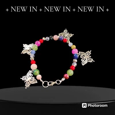 Turmalina, ojo de tigre arco iris y piedra de coral rojo con cuentas mariposas plateadas... Foto 1 de 2