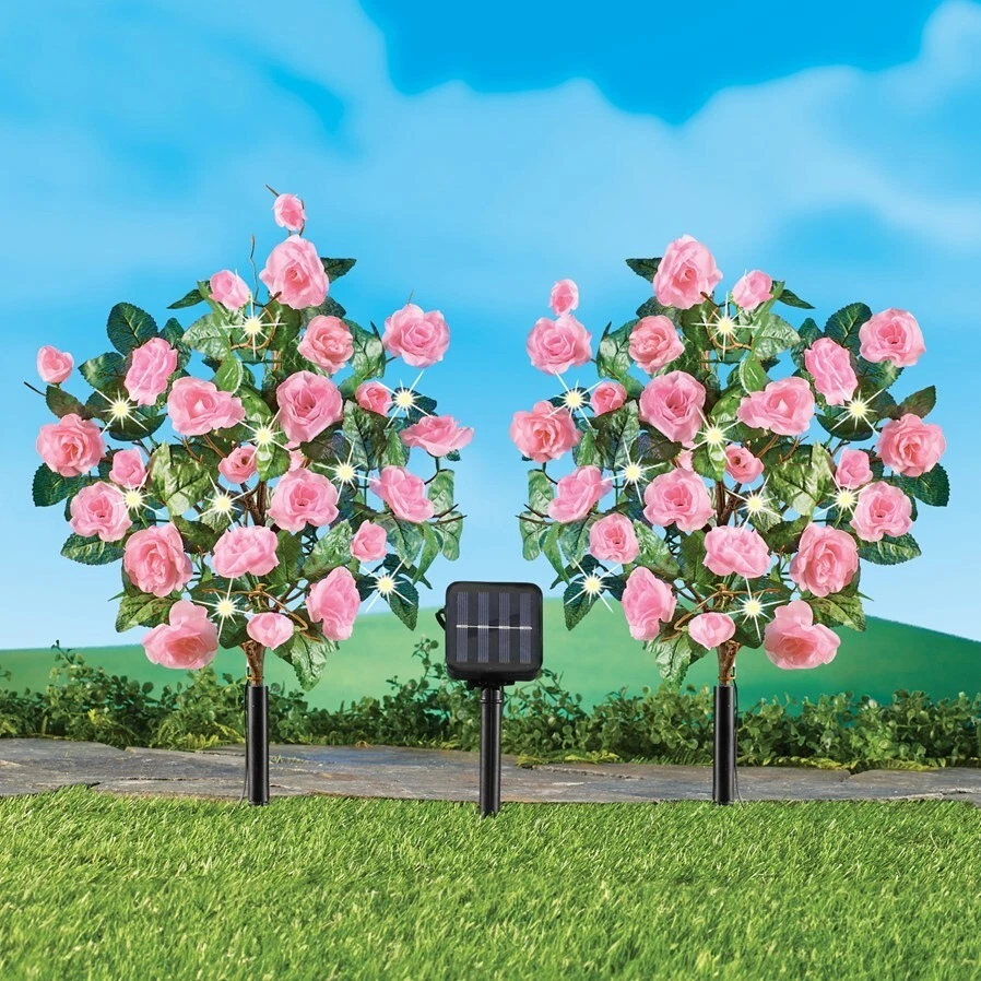 Set of 2 Solar Powered LED Lighted Pink Rose Bush Garden Stakes - Image 1 of 1