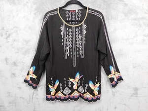 Johnny Was Blouse Medium Black Embroidered Hummingbird Boho Festival Rainbow - Picture 1 of 12