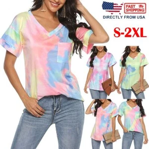 Womens Tie Dye Tops T-shirt Ladies Summer Short Sleeve Casual Loose Blouse Tee - Picture 1 of 14