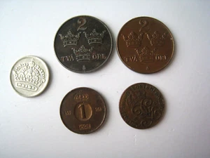 Coins Sweden ore set of 5 coins 1950 - 1944 - 1927 copper nickel numismatics - Picture 1 of 4