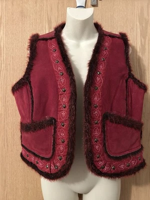 Live A Little Leather Vest Womens Size L Faux Fur Lined Beaded Boho Burgundy - Image 1 of 4