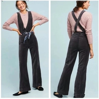 Pilcro Anthropologie Velvet Grey Deep V Plunge Overalls 70s Boho Womens Size 6T  - Image 1 of 4