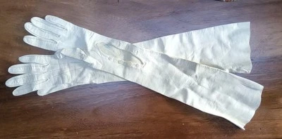 Vintage Ladies Off White Kid Leather 3 Button Opera Gloves 20" 1940's-1950’s  - Image 1 of 4