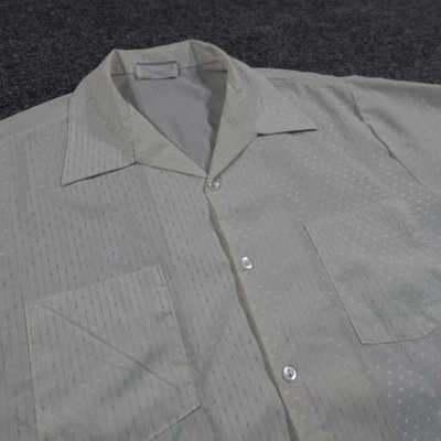 Vintage Sears Shirt Mens L Beige Stripe Camp Button Up Dagger Collar 70s 14069 - Image 1 of 4