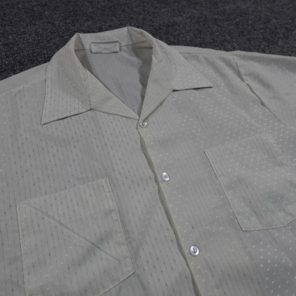 Vintage Sears Shirt Mens L Beige Stripe Camp Button Up Dagger Collar 70s 14069 - Image 1 of 4