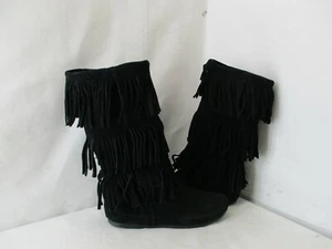 Minnetonka schwarz Wildleder Leder dreifach Fransen Mokassin Stiefel Größe 7 Stil 1639 - Bild 1 von 9