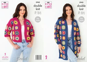 Patrón de crochet fácil para mujer panel de flores cárdigans King Cole doble tejido DK 5943 - Imagen 1 de 5