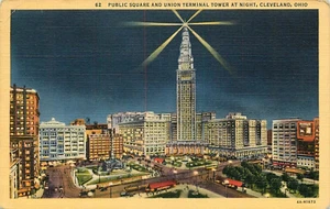 Postal Ohio Union Terminal Tower 1946 vista nocturna ropa de cama - Imagen 1 de 2