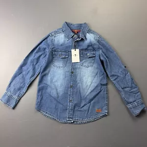 7 For All Mankind Denim Shirt Boys Small Long Sleeve Western Blue Faded NWT - Picture 1 of 9