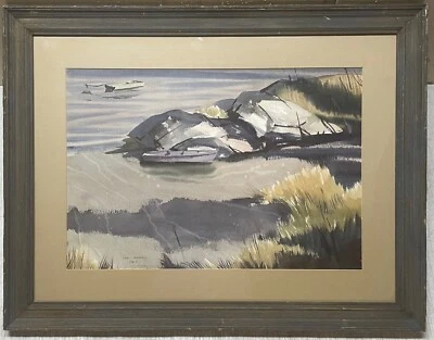 Vintage CARL SCHMALZ Jr Maine Boat Harbor MODERNIST Painting - Bowdoin & Amherst - Image 1 of 4