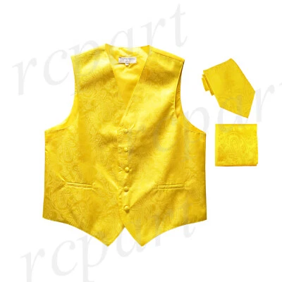 New Men's Paisley Tuxedo Vest 2.5" Skinny Necktie set Yellow wedding formal prom - Image 1 of 4