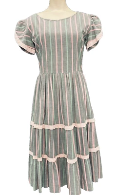 Vestido vintage años 40 gris algodón, rosa verde rayas manga corta abullonada XS S Foto 1 de 4