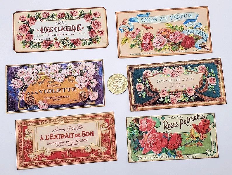 6-Vintage-Perfume-Soap-Ad-Fussy Cut-Handmade-Linen Cardstock-Labels-Stickers - Image 1 of 1
