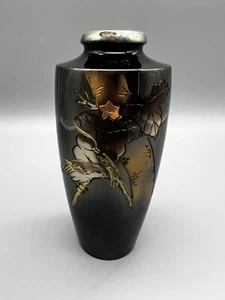 Antique Japanese Mixed Metal Vase Etched Nature Scene Birds Leaves Tree 6” - Picture 1 of 14