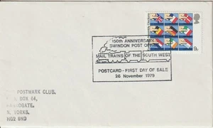 GB Sello Cubierta Correo Trenes del Suroeste 1979 Swindon Post Office 150th - Imagen 1 de 1