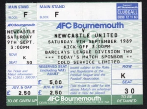 Boleto de fútbol americano AFC Bournemouth v Newcastle United 1989 ambas partes - Imagen 1 de 2